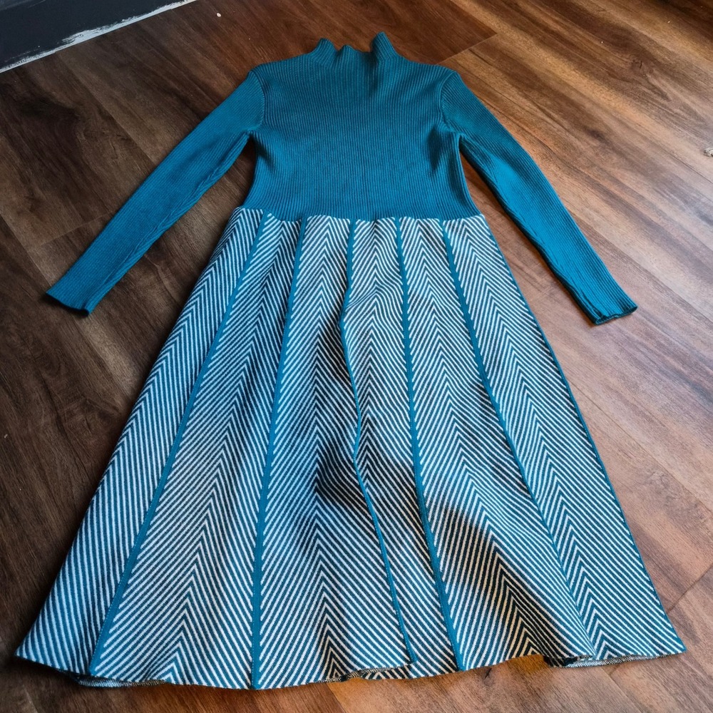 Chicwish Teal Ribbed Mock Neck Chevron A-Line Knit Sweater Midi Dress Womens